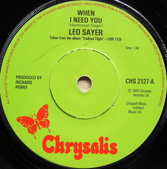 Leo Sayer : When I Need You (7", Single, Sol)