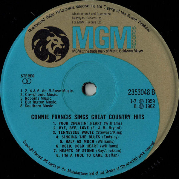 Connie Francis : Connie Francis Sings Great Country Hits (LP)