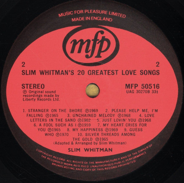 Slim Whitman : Slim Whitman's 20 Greatest Love Songs (LP, Comp, RP)